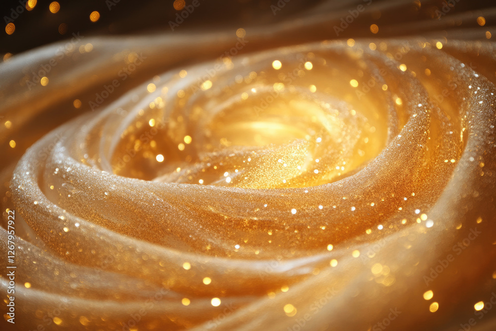 Poster swirling golden fabric with glittering sparkles, luxurious and elegant texture.
