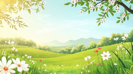 Fototapeta premium Bright and Lush Spring Landscape with Flowers and Gentle Hills