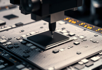 Close up view of silicon die being extracted from a semiconductor wafer and carefully attached to a substrate in a cleanroom setting.