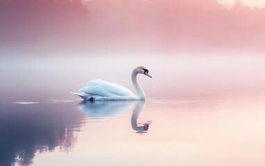 National Geographic Elegant Swan gliding across a misty lake, its reflection perfect in the still water, soft pink sunrise lighting the sky