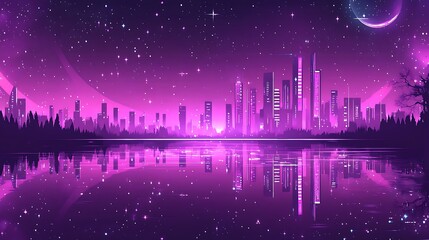 Neon Cityscape Reflected In Still Water Under A Starry Night