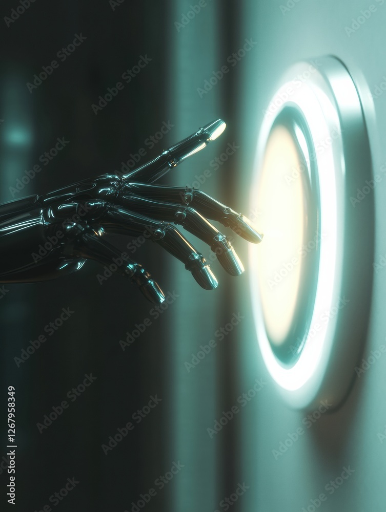 Aufkleber Robotic hand interacts with a luminous button in a futuristic setting. Generative AI