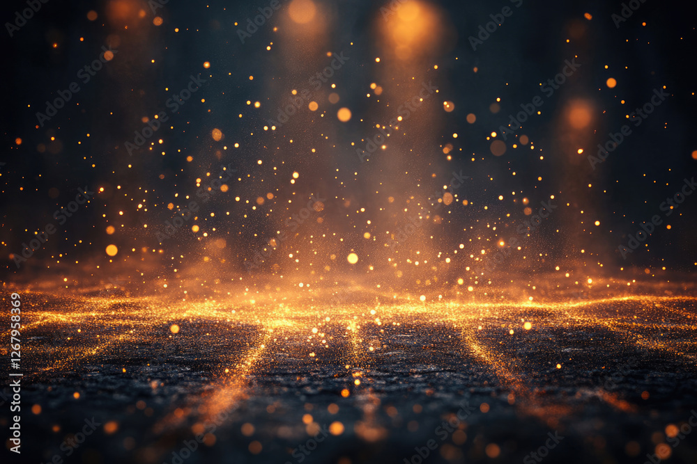 Aufkleber Glowing golden particles float on a dark background, creating a magical, ethereal scene.