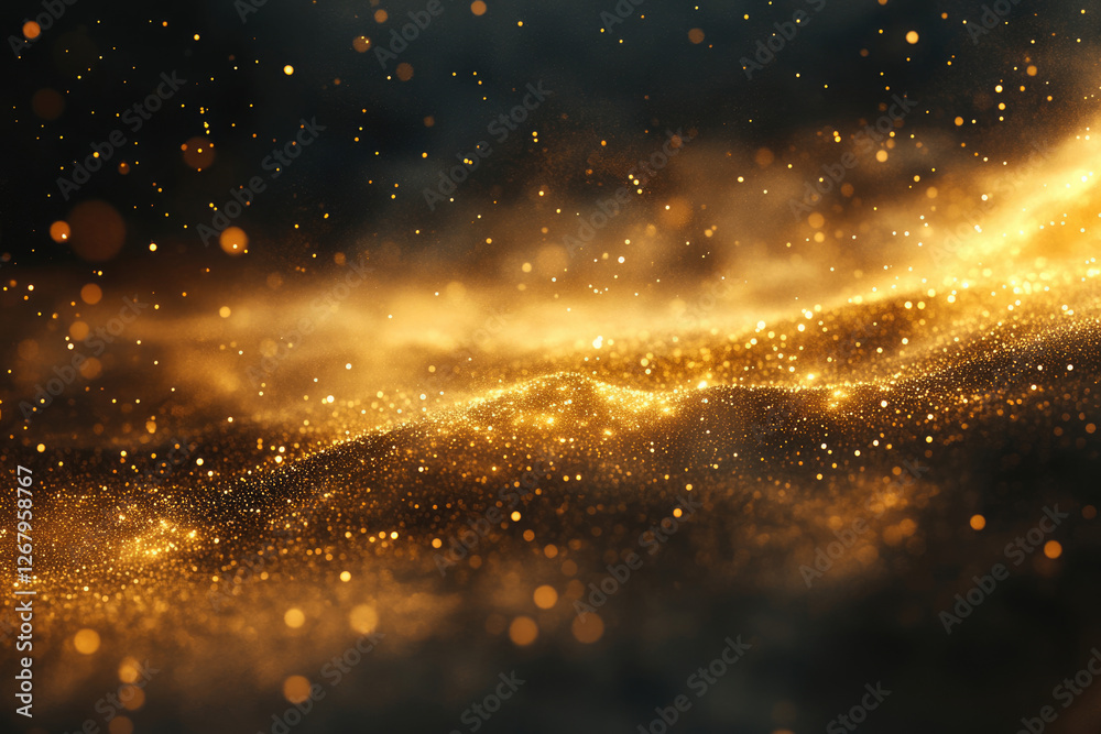 Poster golden glitter particles forming a wavy texture on a dark background, sparkling and luminous.