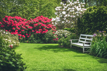 Beautiful Garden with Blooming Flowers & White Bench - Serene Outdoor Space for Wallpapers, Landscaping Ideas & Nature Blog