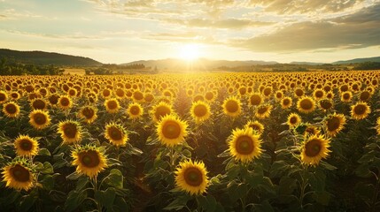 Obraz premium National Geographic Vast sunflower fields stretching towards the horizon under golden light.