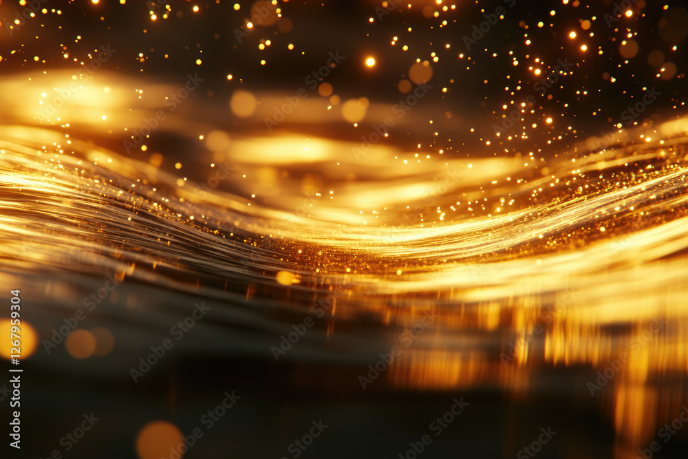 Poster Golden waves shimmer with sparkling particles, creating a luxurious and magical abstract background.