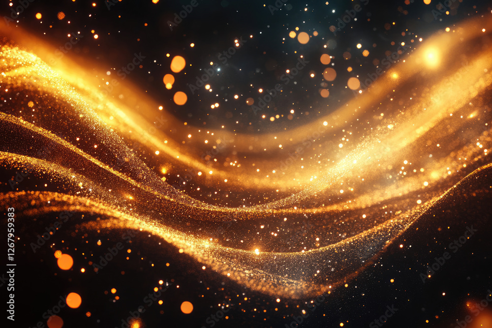 Poster Abstract gold particles flowing in wavy motion, creating a luxurious and elegant dark background.