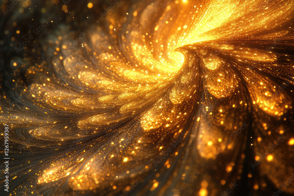 Poster a swirling vortex of golden light and sparkles, resembling a celestial event or cosmic phenomenon.