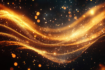 Obraz premium Abstract gold particles flowing in wavy motion, creating a luxurious and elegant dark background.