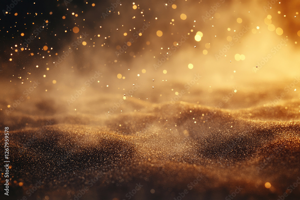 Poster Golden glitter sparkles on a dark surface with soft lighting and bokeh effect.