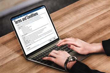 Digital legal contract provide terms and conditions document on computer screen ready for online...