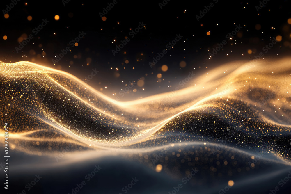 Poster Golden particles form undulating waves against a dark background, glittering with light.