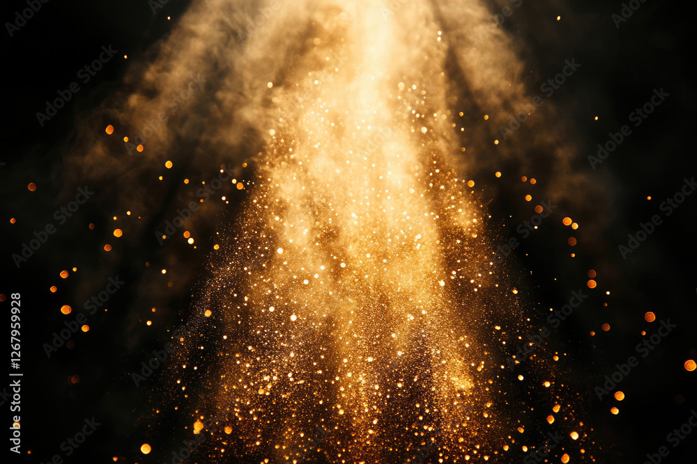 Poster golden dust and smoke particles illuminate a dark background, creating a magical and luxurious aesth