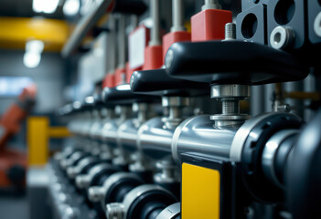 Fototapeta premium Control levers of a hydraulic machine revealed within a modern industrial setting, highlighting intricate components and operational design.
