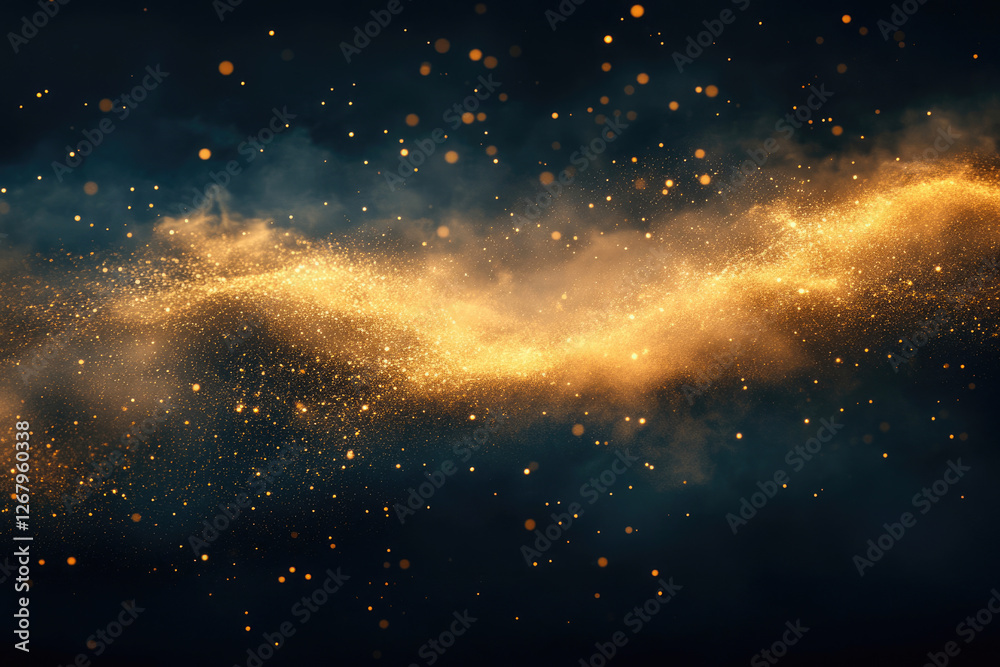Poster golden dust particles swirl in a dark background, creating a magical, ethereal, and cosmic effect.