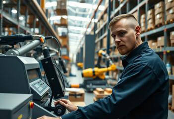 Engineer monitors machine operation while managing workflow in a contemporary industrial factory with automated equipment.
