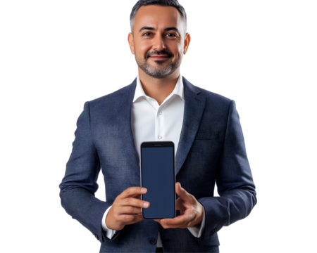 A businessman holding a mobile phone, representing digital finance and business communication.
