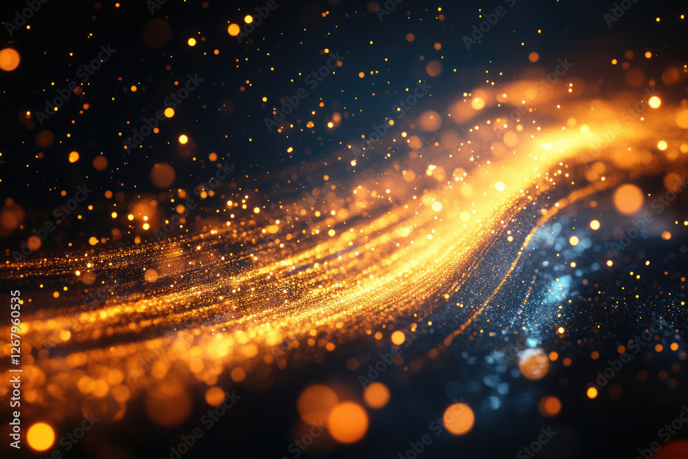 Poster Abstract golden particles swirling in a dark background, creating a mesmerizing cosmic effect.
