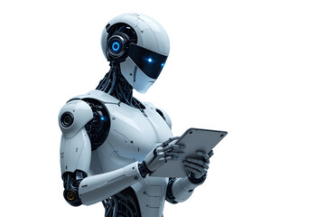 Working ai robot isolated on transparent background and 3d rendering.