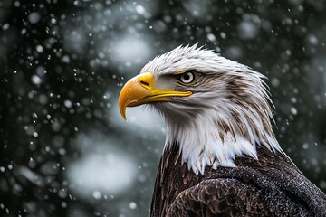 Obraz premium Majestic Bald Eagle Perched Under Falling Snow in a Serene Winter Landscape