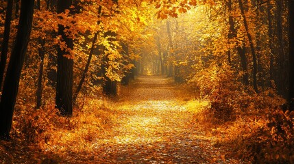 National Geographic Autumn forest with golden leaves, a peaceful path covered in foliage.