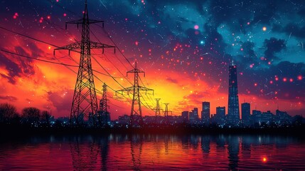 Fototapeta premium A vibrant sunset skyline with power lines reflecting on water.