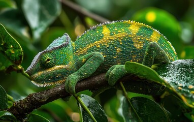 National Geographic Camouflaged Chameleon gripping a leafy branch, its skin shifting through vibrant shades of green and yellow