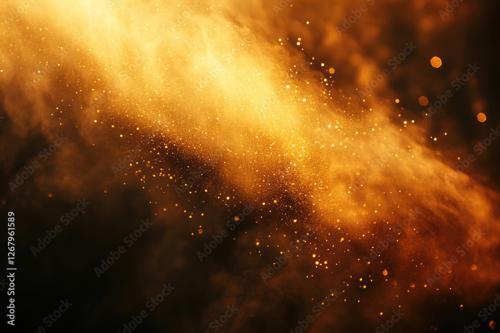 Poster golden dust and smoke swirl in dark background, creating a magical, ethereal effect.