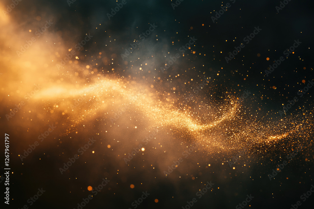 Poster golden dust particles swirl and glimmer in a dark, smoky space, creating a magical, ethereal scene.
