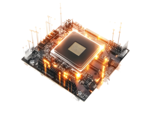 A central processing unit (CPU) being installed onto a motherboard, highlighted with glowing effects.