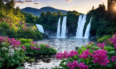 Naklejka premium Serene Outdoor Sanctuary with a Waterfall Pouring into a Reflective Pool – Picturesque Sunrise Over a Garden Oasis