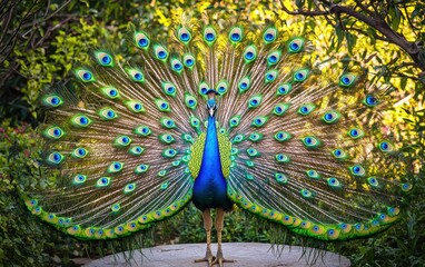 Obraz premium National Geographic Majestic Peacock displaying its vibrant feathers in a lush botanical garden, soft light highlighting the iridescent blues and greens