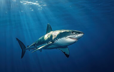 Fototapeta premium National Geographic Majestic Great White Shark swimming through the deep blue ocean, sunlight filtering through the water, revealing its sleek and powerful body