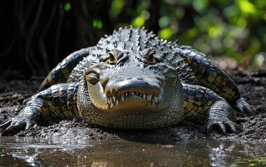 Obraz premium National Geographic Fierce Crocodile basking on a muddy riverbank, rough skin glistening in the tropical sun, sharp teeth barely visible beneath a sly grin