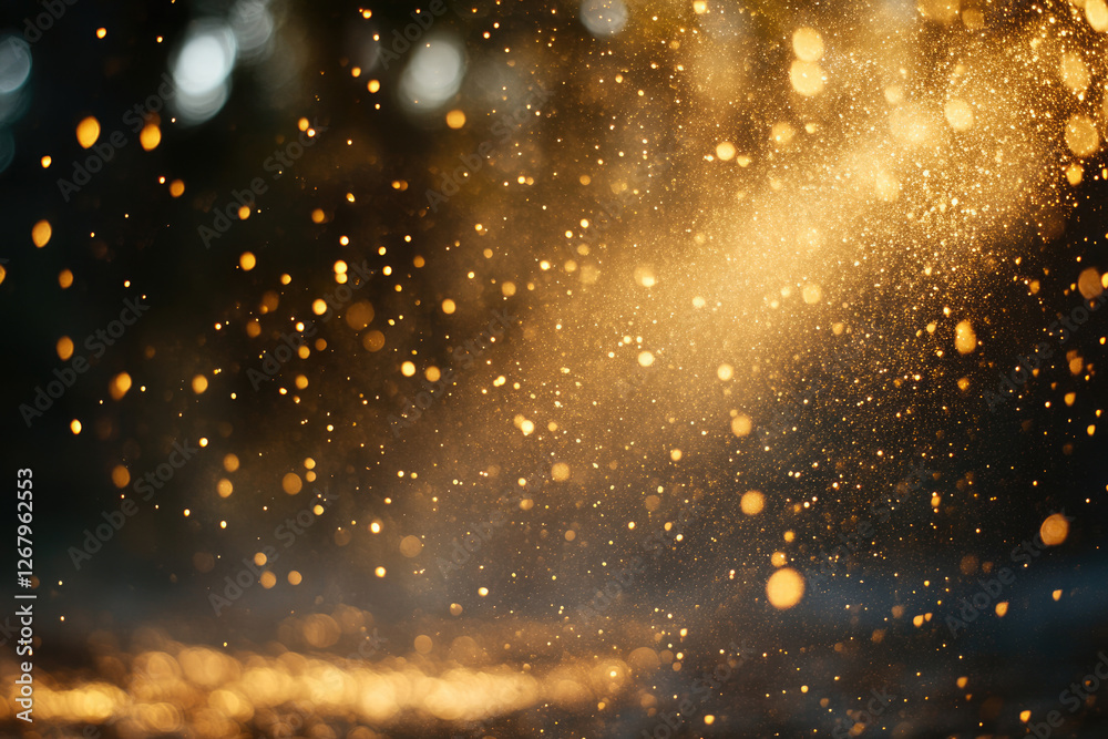 Poster Golden sparkles and bokeh lights illuminate a dark background, creating a magical, festive atmosphere.