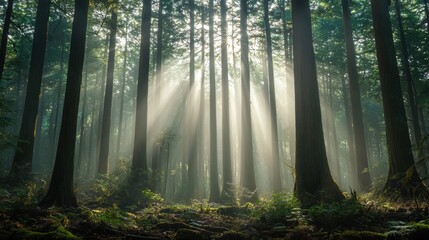 National Geographic Misty forest with sunbeams piercing through ancient towering trees.