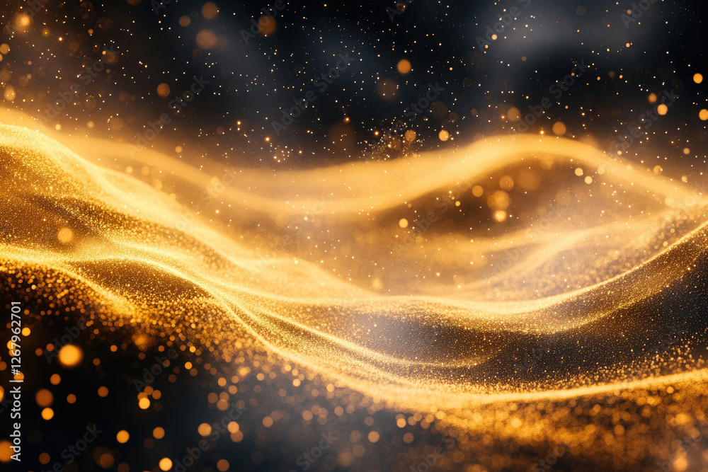 Poster Abstract golden particles flowing like waves in a dark background, creating a luxurious and elegant visual.