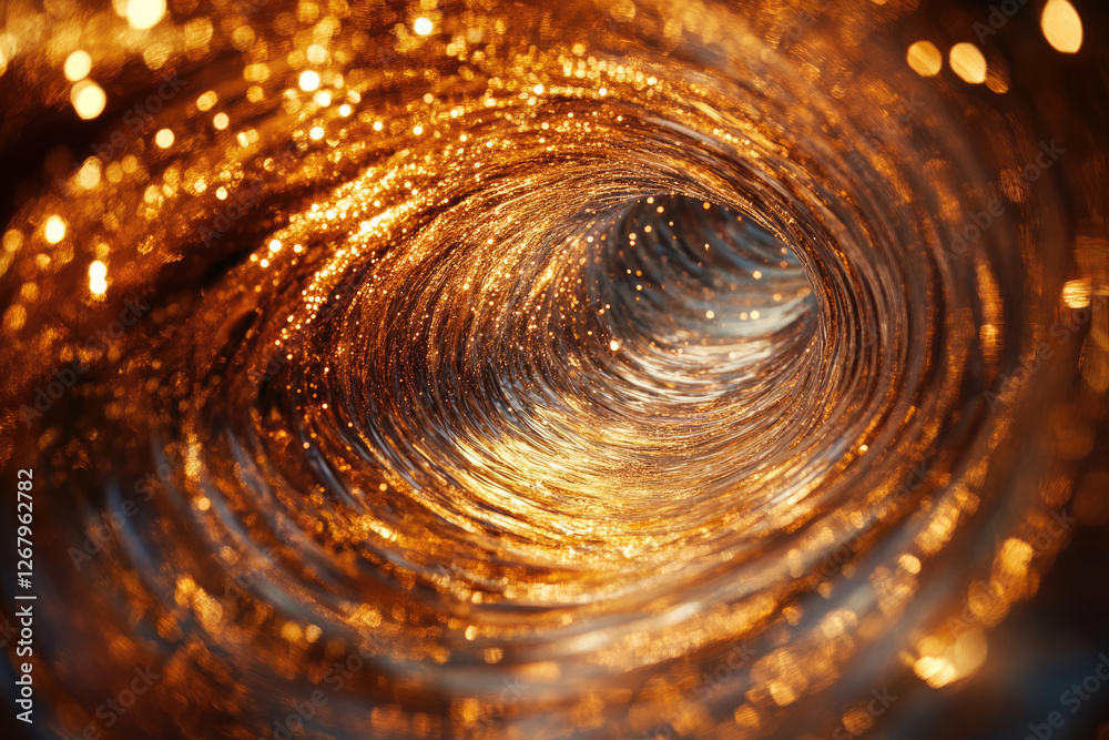 Poster golden swirling vortex, glittering like liquid light, creating a mesmerizing tunnel of luminous ener
