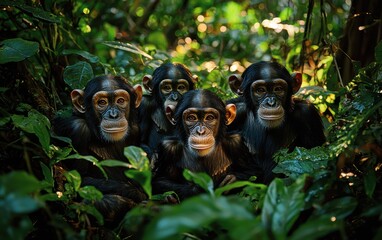 National Geographic Group of Chimpanzees playing in a dense jungle, their expressive faces showing curiosity and mischief, dappled light illuminating the scene