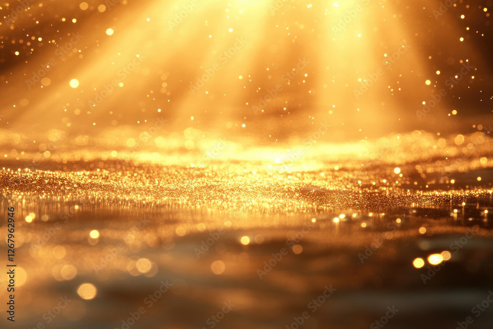 Poster golden glitter sparkles illuminated by a radiant light source, creating a magical, shimmering scene.