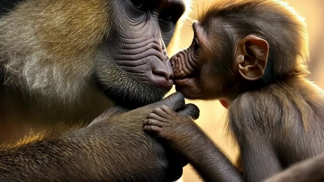 Drill monkey mother and baby bonding at sunset in nature