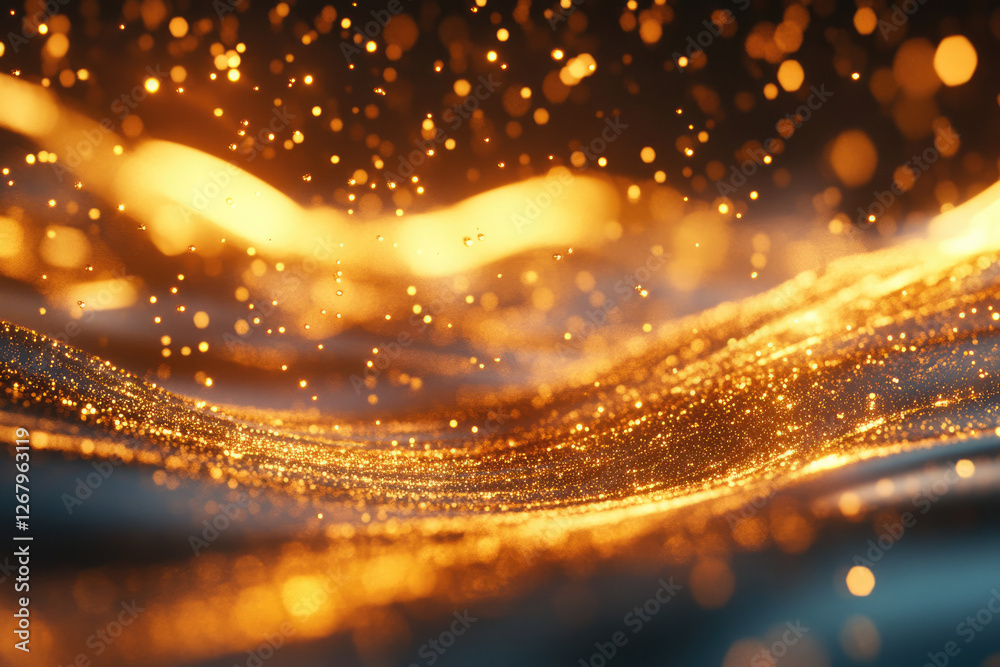 Poster Golden particles flowing like liquid, creating a mesmerizing, abstract wave of light and shimmer.