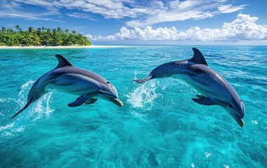 , National Geographic Playful Dolphins leaping out of crystal-clear turquoise water, splashes shimmering in the sun, tropical islands in the distance