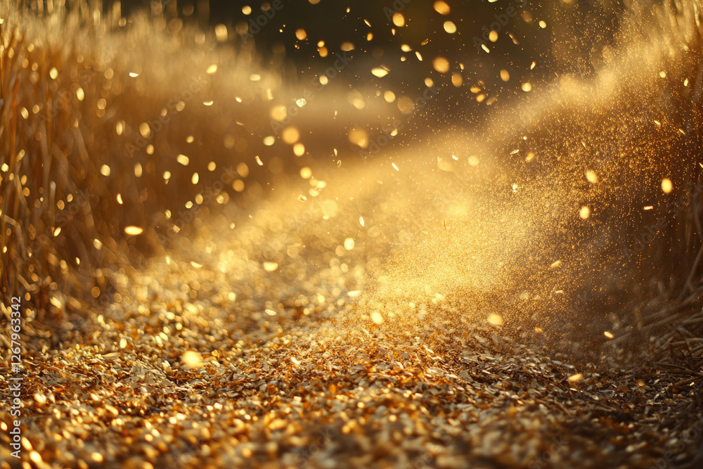 Poster golden dust particles float in the air along a path, creating a magical, ethereal scene.