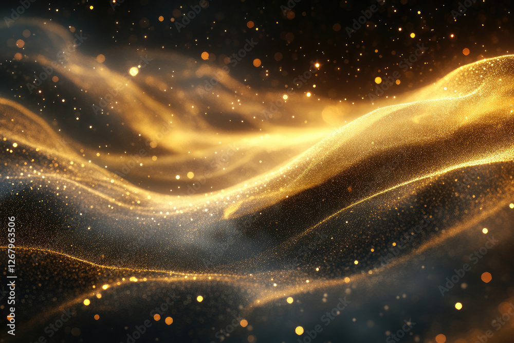 Poster golden particles flowing like waves, creating a luxurious and ethereal abstract background.