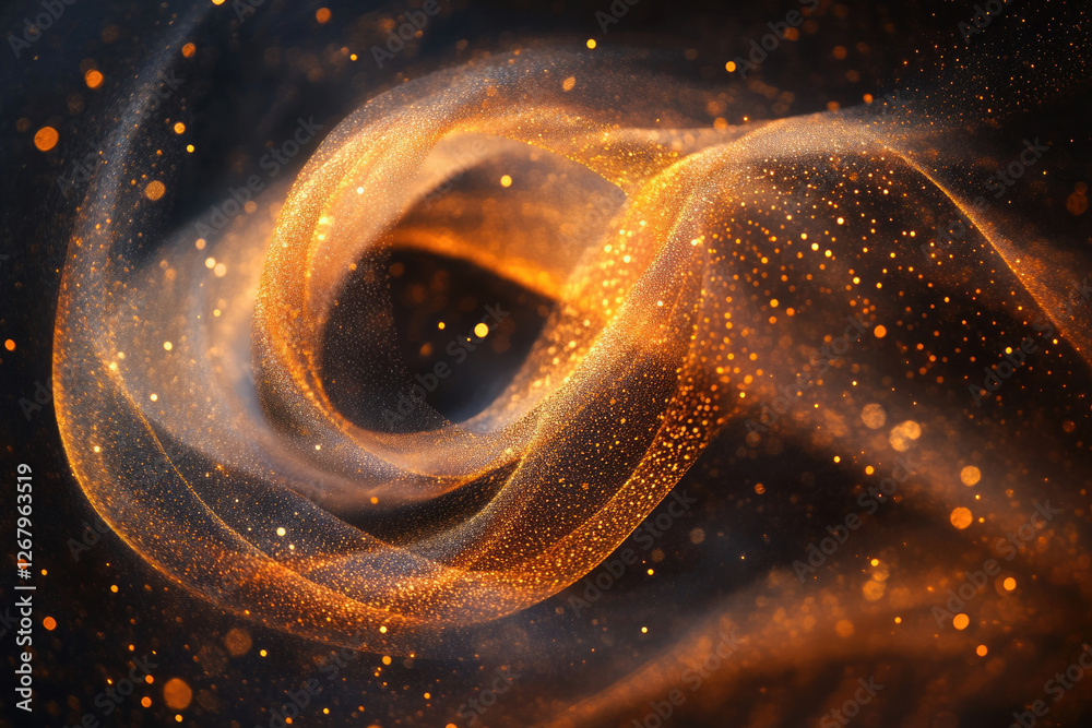 Poster A swirling vortex of golden particles and dust, illuminated against a dark background, creating a mesmerizing cosmic effect.