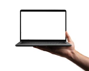 A close-up of a male hand holding a laptop with a blank screen, showcasing modern workspace technology.