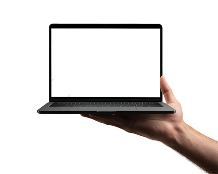 A close-up of a male hand holding a laptop with a blank screen, showcasing modern workspace technology.