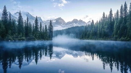 Fototapeta premium National Geographic Serene alpine lake reflecting the snow-capped peaks, surrounded by a dense pine forest, with mist rolling over the water in the early morning light.